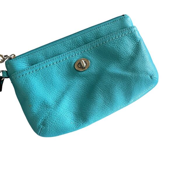 COACH Women's Small Teal Pebble Leather Silver Turnlock Top Zip Wristlet Classic - Picture 5 of 12